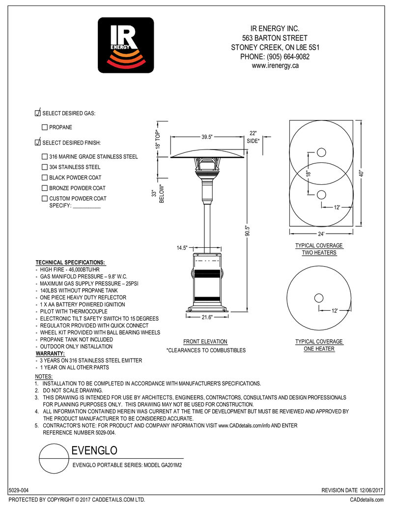 EvenGLO Portable Propane Patio Heater - Stainless Steel Finish